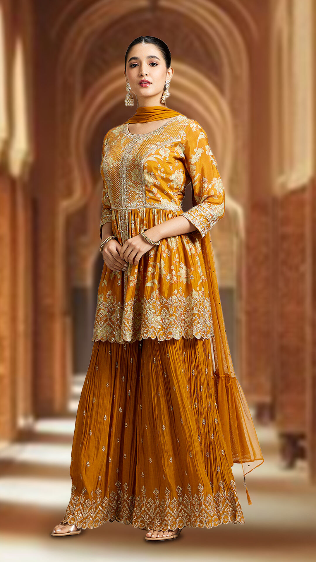 women in yello Pairing palazzos with kurtas